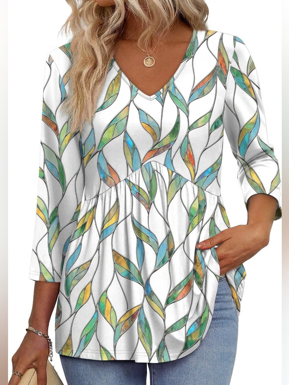 White V-Neck  Stained Glass Floral Leaf Print  3/4 Sleeve Babydoll Top